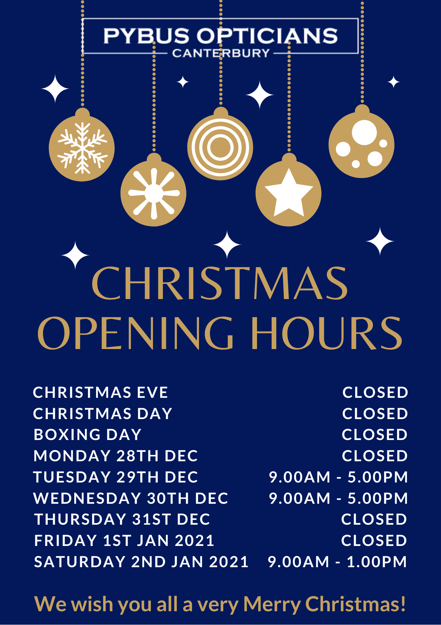 Christmas Opening Hours 2020 - Pybus Opticians